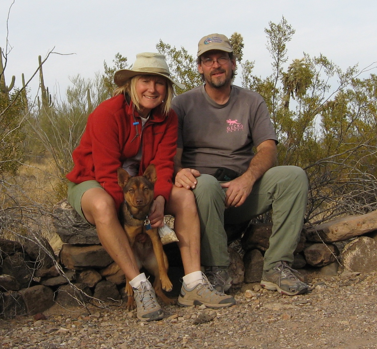 Cathy Waterman, Mike Huckaby, & dog Remo in Tucson Mountains
