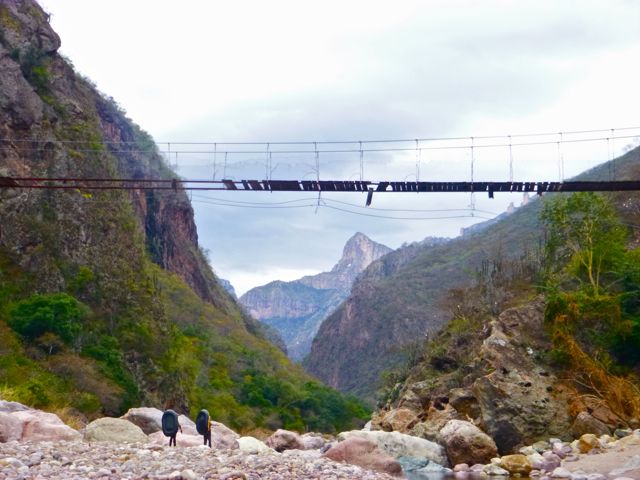 Copper Canyon Trails Guides Backpacking along the Rio Urique a Mile Below the ChePe Train stop at Divisadero.