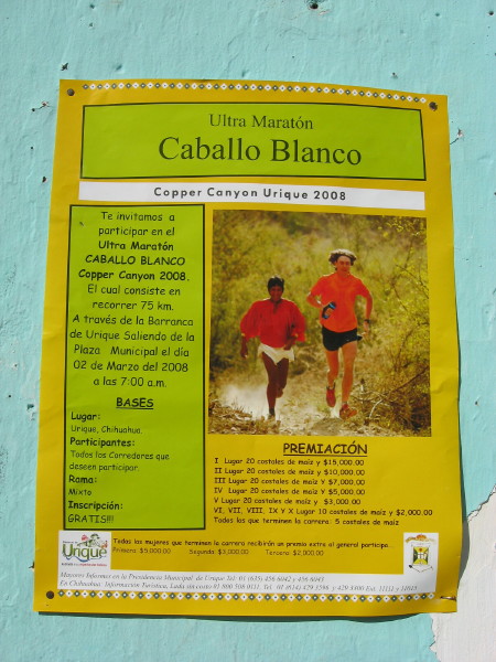 The 2008 Caballo Blanco Ultramarthon poster features Scott Jurek running free with a Tarahumaran compañero.