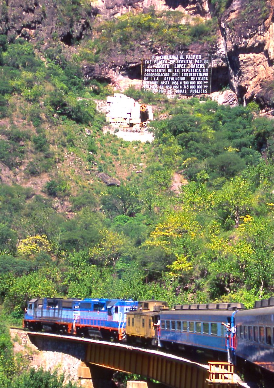 In Temoris the Copper Canyon Train passes beneath a dedication to the Rail Workers.