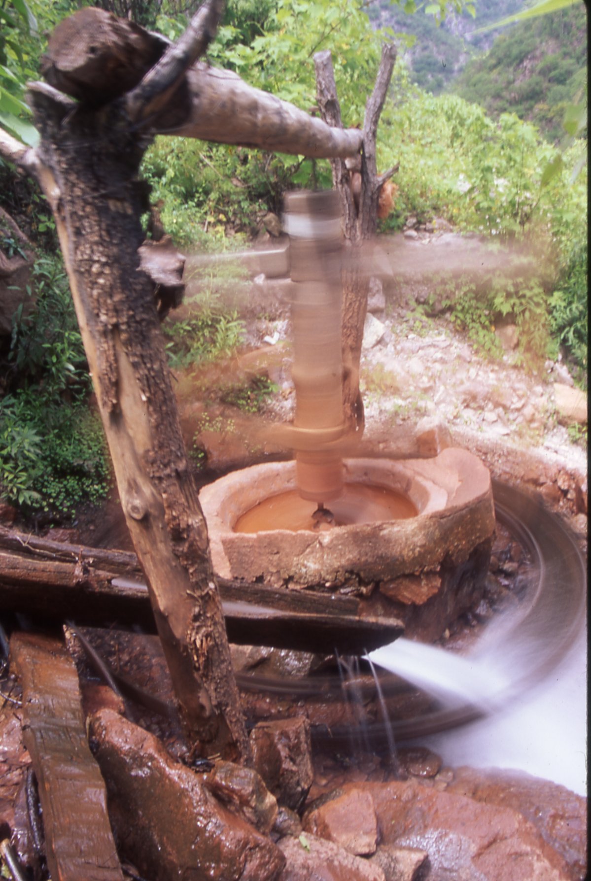 Subsistence mining still continues in the Sierras. A Water Powered Arrastra pulverizes rock.